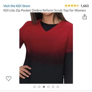 Red and black multi colored scrub top.